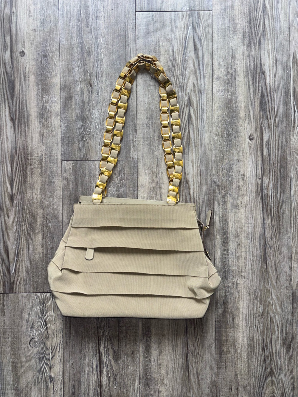 Ferragamo Beige Pleated Shoulder Bag with Gold Chain Strap
